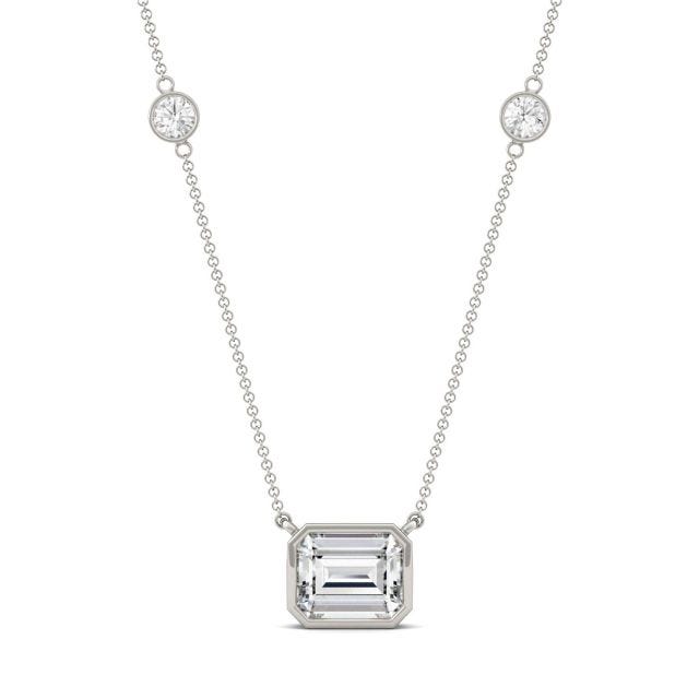 4.01 CTW DEW Emerald Forever One Moissanite East-West Solitaire with Side Accents Necklace in 14K White Gold