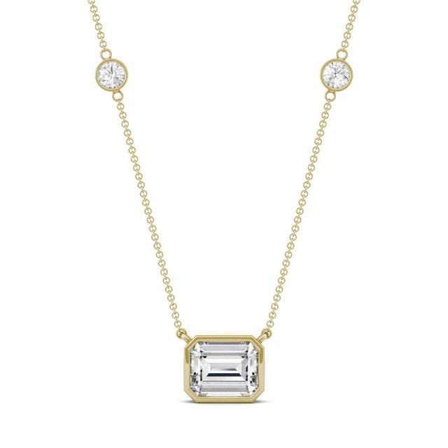 4.01 CTW DEW Emerald Forever One Moissanite East-West Solitaire with Side Accents Necklace in 14K Yellow Gold