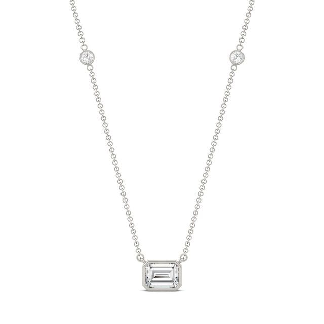 1.13 CTW DEW Emerald Forever One Moissanite East-West Solitaire with Side Accents Necklace in 14K White Gold