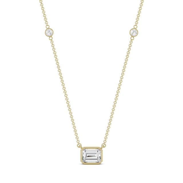 1.13 CTW DEW Emerald Forever One Moissanite East-West Solitaire with Side Accents Necklace in 14K Yellow Gold