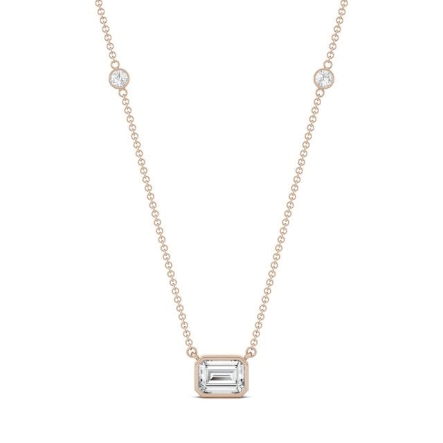 1.13 CTW DEW Emerald Forever One Moissanite East-West Solitaire with Side Accents Necklace in 14K Rose Gold