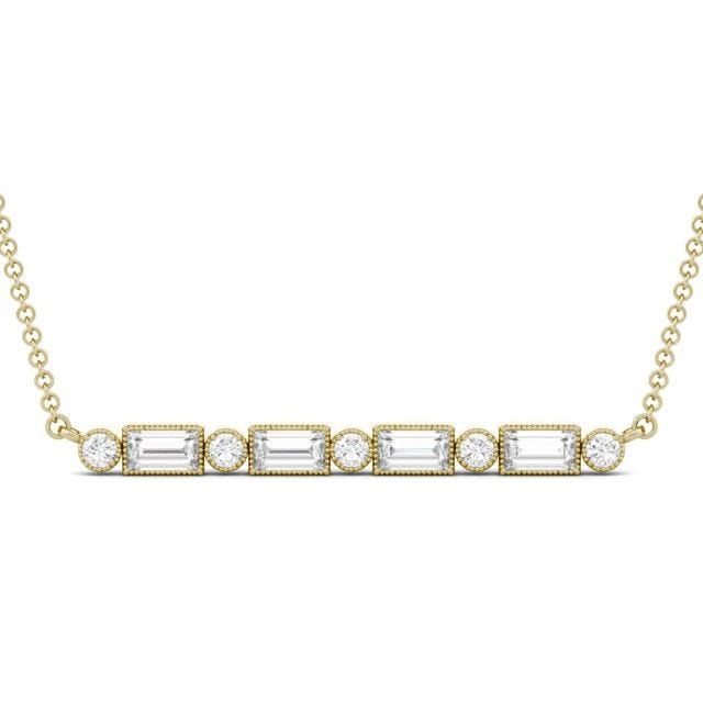0.61 CTW DEW Straight Baguette Forever One Moissanite Horizontal Bar Necklace in 14K Yellow Gold