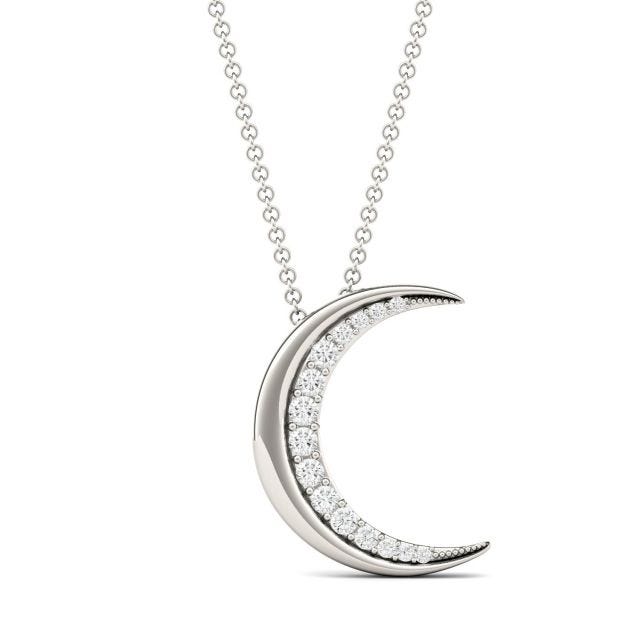 0.19 CTW DEW Round Forever One Moissanite Moon Necklace in 14K White Gold