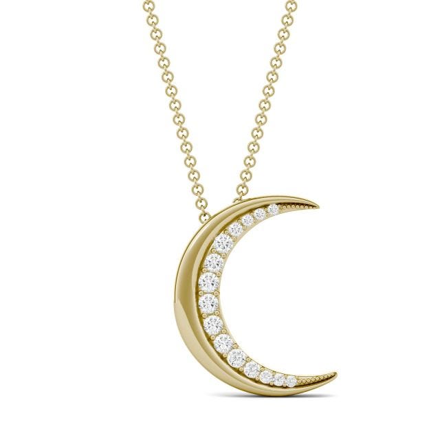 0.19 CTW DEW Round Forever One Moissanite Moon Necklace in 14K Yellow Gold