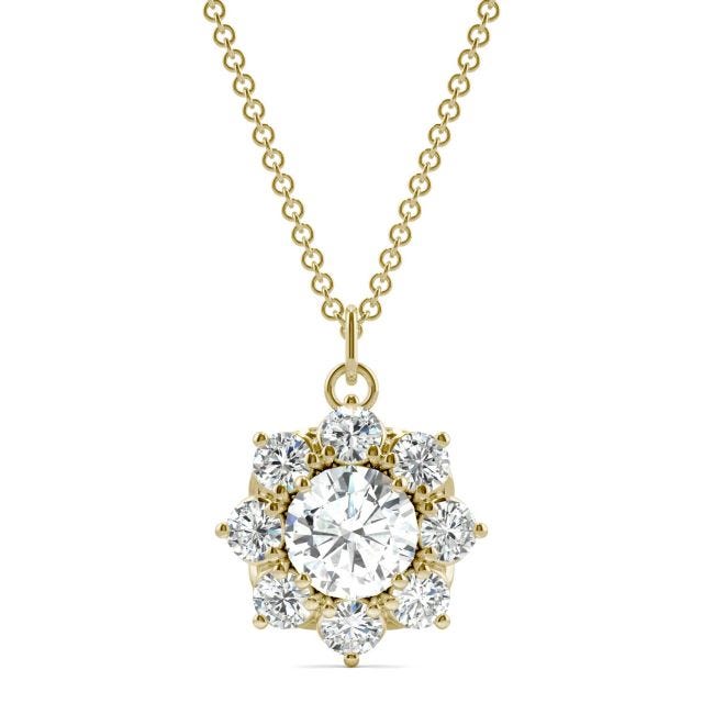 1.86 CTW DEW Round Forever One Moissanite Cluster Halo Signature Necklace in 14K Yellow Gold
