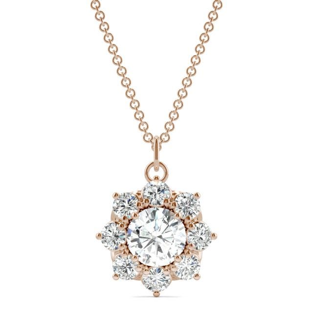1.86 CTW DEW Round Forever One Moissanite Cluster Halo Signature Necklace in 14K Rose Gold