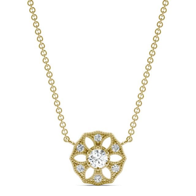 0.16 CTW DEW Round Forever One Moissanite Signature Filigree Necklace in 14K Yellow Gold