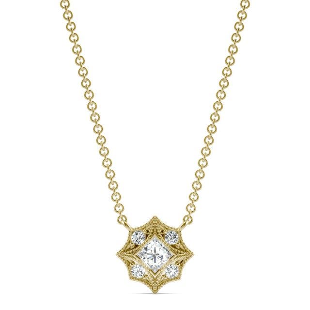 0.24 CTW DEW Princess Forever One Moissanite Signature Milgrain Necklace in 14K Yellow Gold