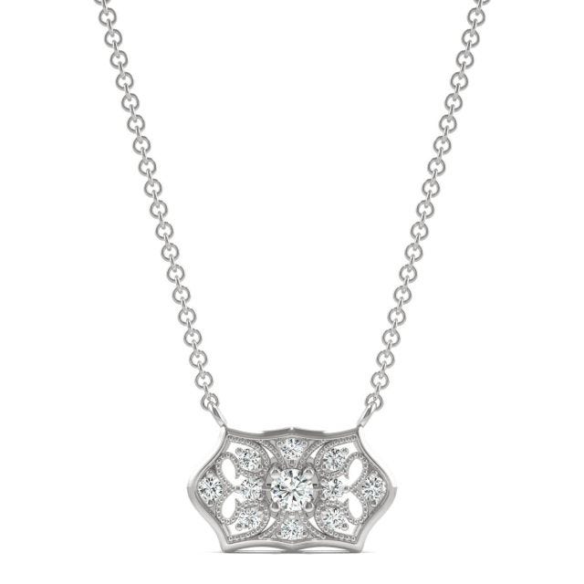 0.16 CTW DEW Round Forever One Moissanite Signature Horizontal Filigree Necklace in 14K White Gold
