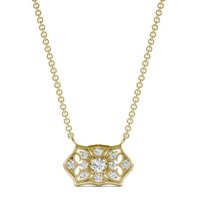 0.16 CTW DEW Round Forever One Moissanite Signature Horizontal Filigree Necklace in 14K Yellow Gold