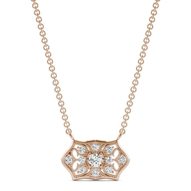 0.16 CTW DEW Round Forever One Moissanite Signature Horizontal Filigree Necklace in 14K Rose Gold