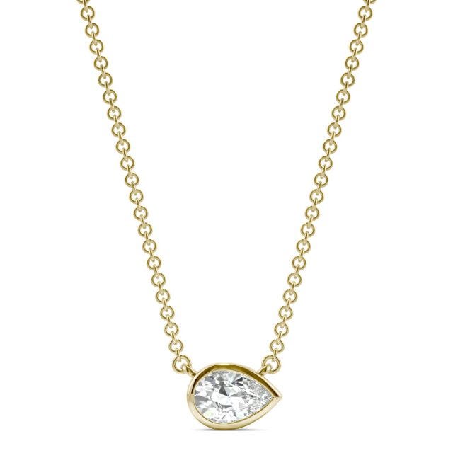 0.44 CTW DEW Pear Forever One Moissanite Signature Bezel Necklace in 14K Yellow Gold