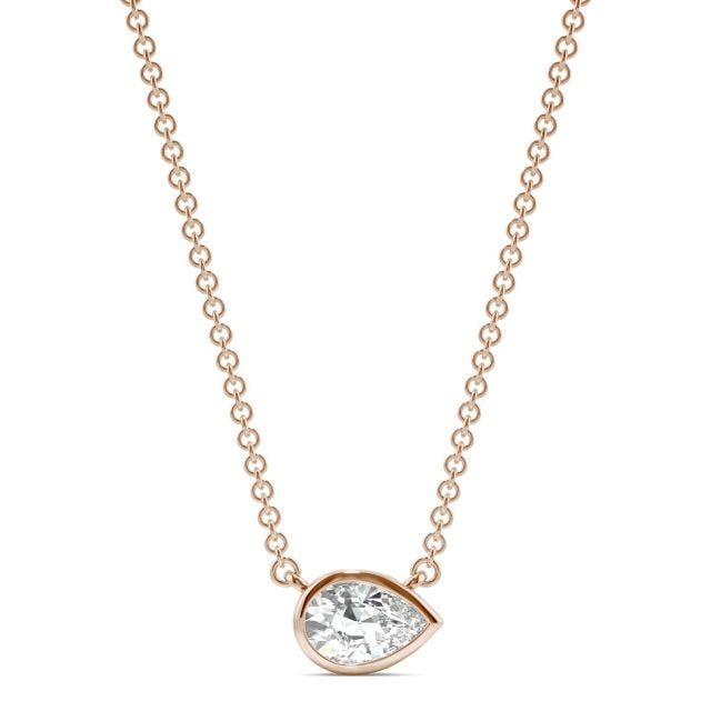 0.44 CTW DEW Pear Forever One Moissanite Signature Bezel Necklace in 14K Rose Gold