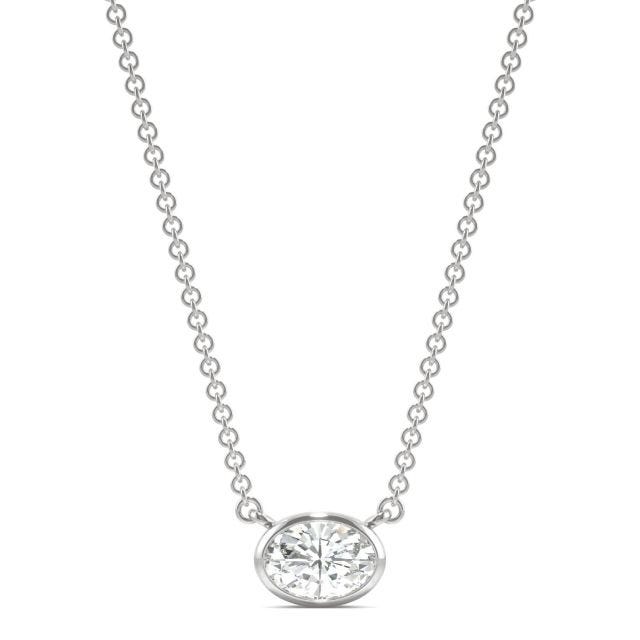 0.51 CTW DEW Oval Forever One Moissanite Signature Bezel Necklace in 14K White Gold