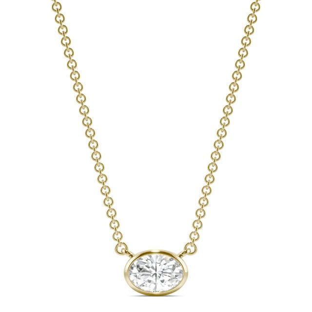 0.51 CTW DEW Oval Forever One Moissanite Signature Bezel Necklace in 14K Yellow Gold