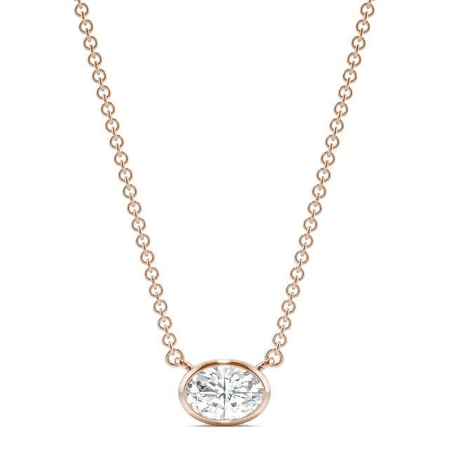 0.51 CTW DEW Oval Forever One Moissanite Signature Bezel Necklace in 14K Rose Gold