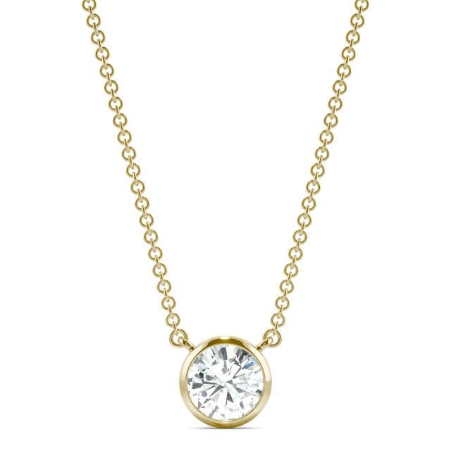 0.81 CTW DEW Round Forever One Moissanite Signature Bezel Necklace in 14K Yellow Gold