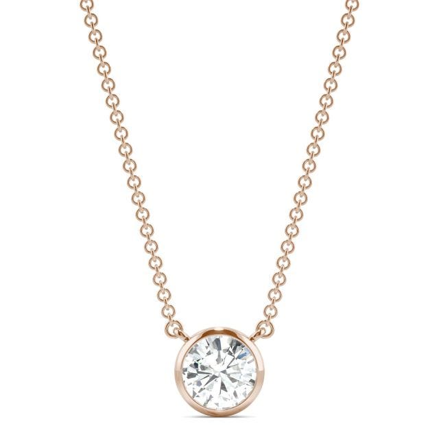 0.81 CTW DEW Round Forever One Moissanite Signature Bezel Necklace in 14K Rose Gold