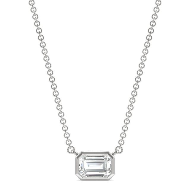 0.59 CTW DEW Emerald Forever One Moissanite Signature Bezel Necklace in 14K White Gold