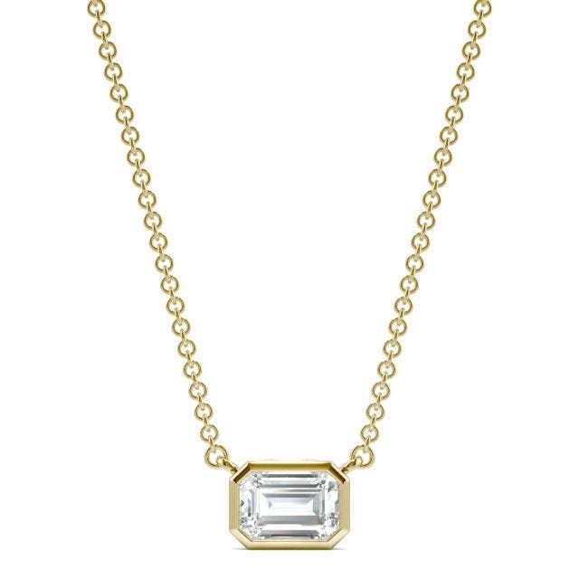 0.59 CTW DEW Emerald Forever One Moissanite Signature Bezel Necklace in 14K Yellow Gold