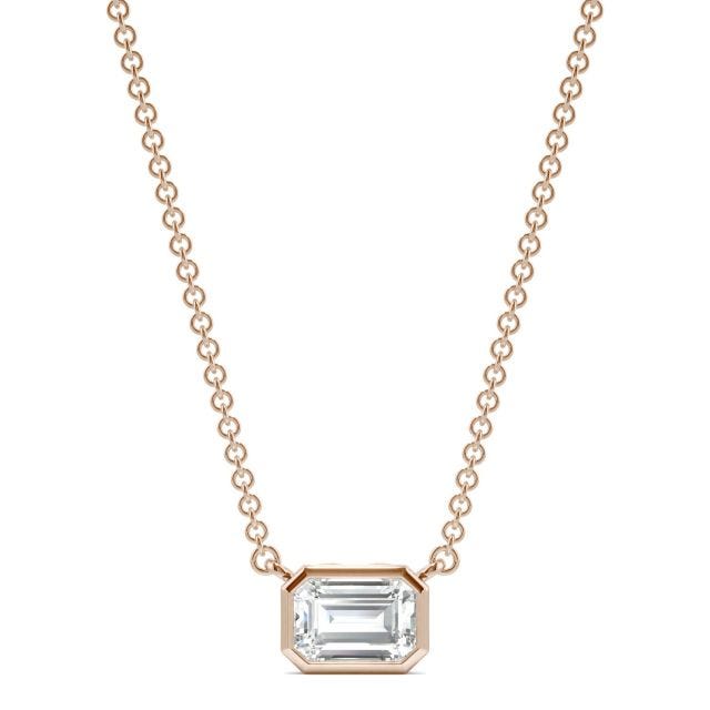 0.59 CTW DEW Emerald Forever One Moissanite Signature Bezel Necklace in 14K Rose Gold