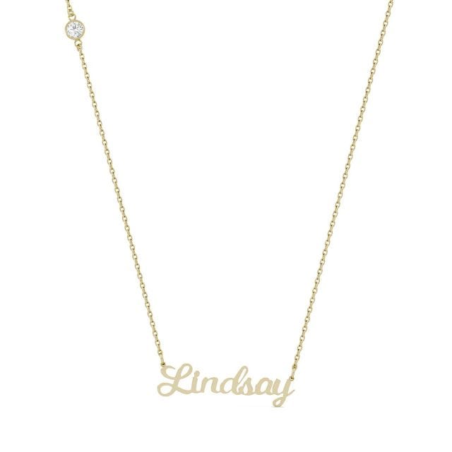 Custom Script Name Necklace in 14K Yellow Gold with Forever One Moissanite Accent