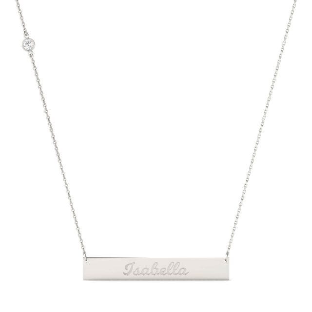 Personalized Script Name Bar Necklace in 14K White Gold with Forever One Moissanite Accent