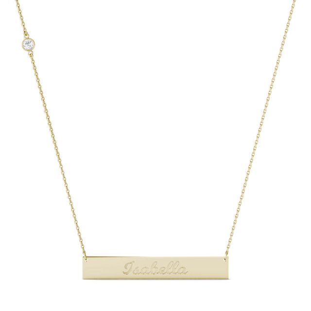 Personalized Script Name Bar Necklace in 14K Yellow Gold with Forever One Moissanite Accent