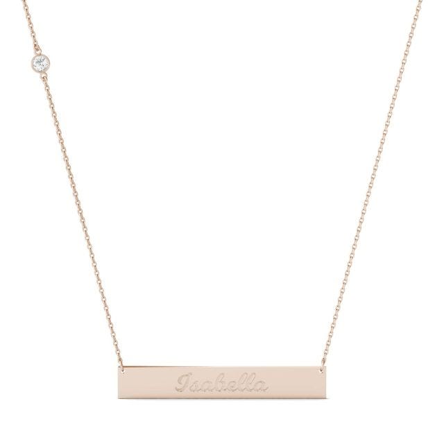 Personalized Script Name Bar Necklace in 14K Rose Gold with Forever One Moissanite Accent