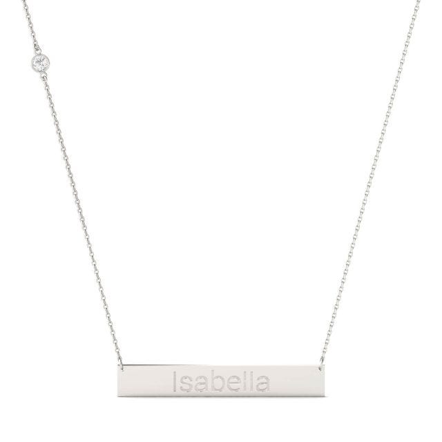 Personalized Block Name Bar Necklace in 14K White Gold with Forever One Moissanite Accent