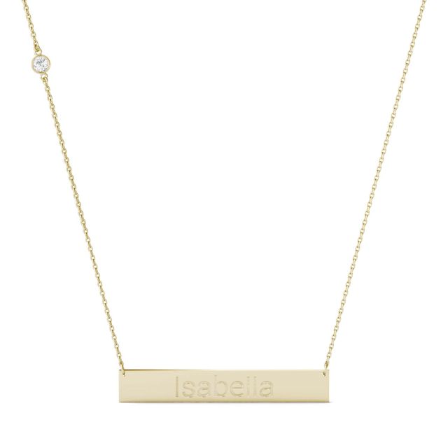 Personalized Block Name Bar Necklace in 14K Yellow Gold with Forever One Moissanite Accent