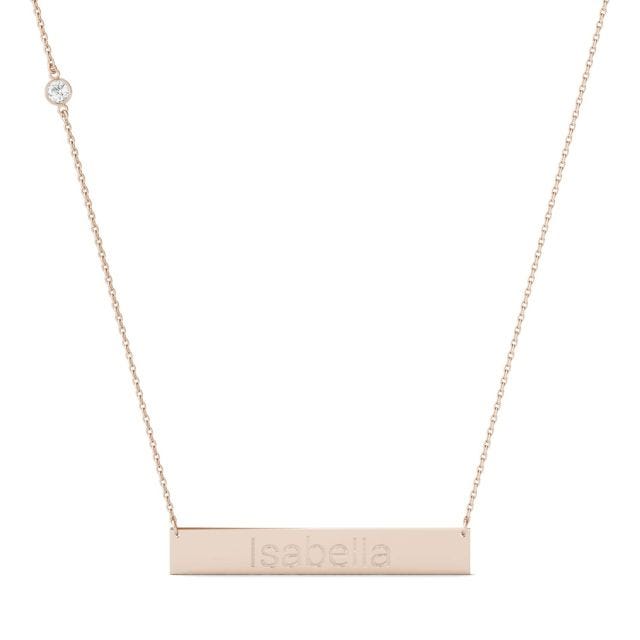 Personalized Block Name Bar Necklace in 14K Rose Gold with Forever One Moissanite Accent