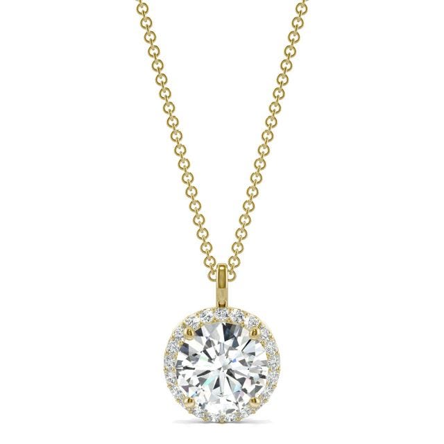 2.13 CTW DEW Round Forever One Moissanite Signature Halo Pendant in 14K Yellow Gold