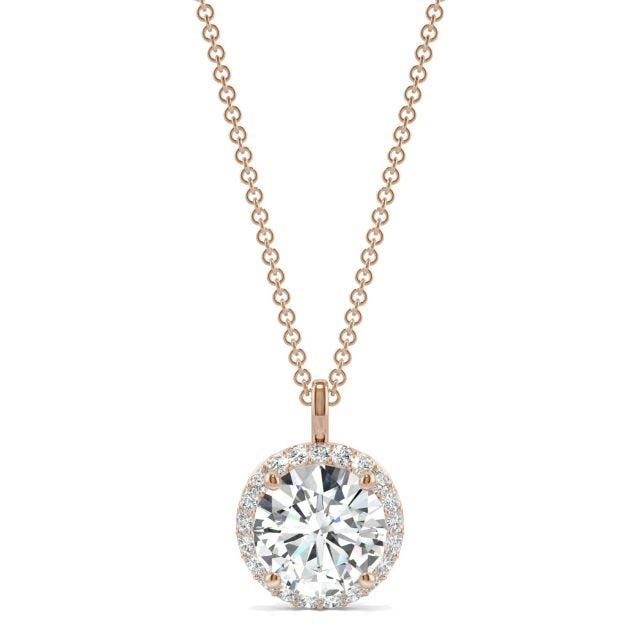 2.13 CTW DEW Round Forever One Moissanite Signature Halo Pendant in 14K Rose Gold
