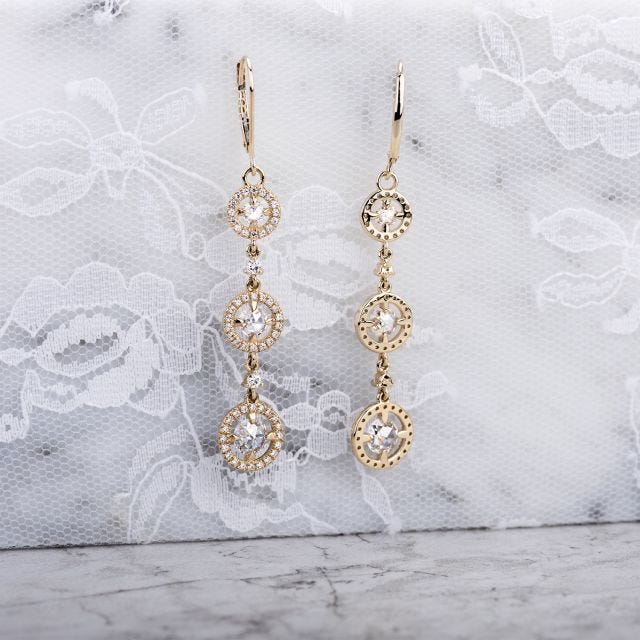 2.18 CTW DEW Round Forever One Moissanite Duet Rose Triple Tier Halo Drop Earrings in 14K Yellow Gold