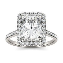 3.10 CTW DEW Radiant Forever One Moissanite Radiant Halo Engagement Ring in 14K White Gold