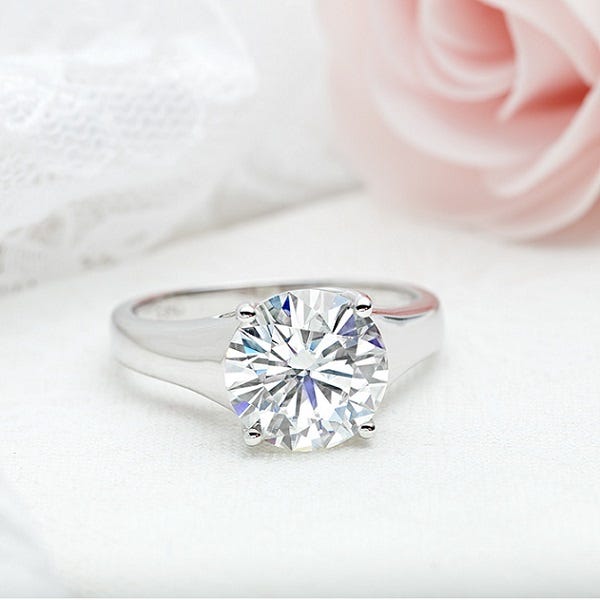 The Rosalind ring (available on Moissanite.com), featuring a gorgeous round brilliant moissanite stone