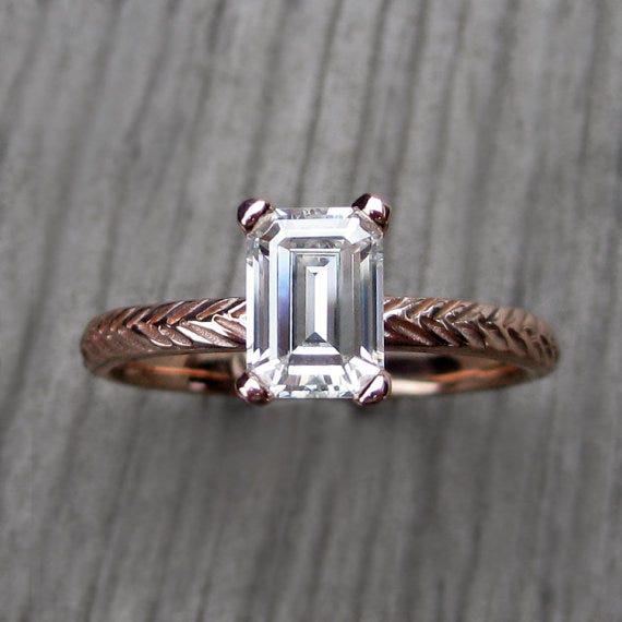 Emerald Moissanite Feather Engagement Ring, KristinCoffin on Etsy, $1,425