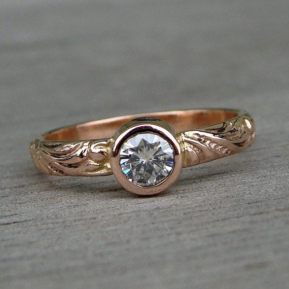 Delicate Moissanite and Recycled 14k Rose Gold Ring, McFarlandDesigns on Etsy, $748