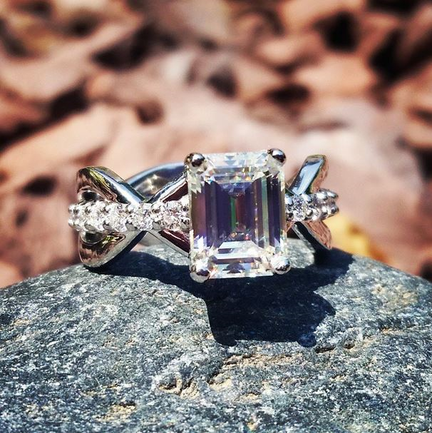 Emerald cut moissanite ring by Stacy Kripas