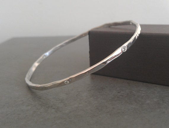 Sterling Silver & Moissanite Hammered Rustic Bangle, alchemyhouse on Etsy, from $297.21
