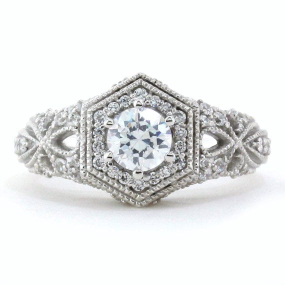 Edwardian Inspired Moissanite Engagement Ring, SerenadeDiamonds on Etsy, $1,205