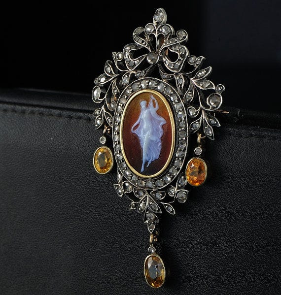 Georgian cameo diamond brooch/pendant, dated 1700s, hawkantiques on Etsy, $7,136.06