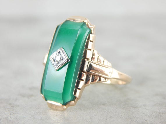 Retro Era Green Onyx and Diamond Ring, dated 1950s, MSJewelers on Etsy, $445