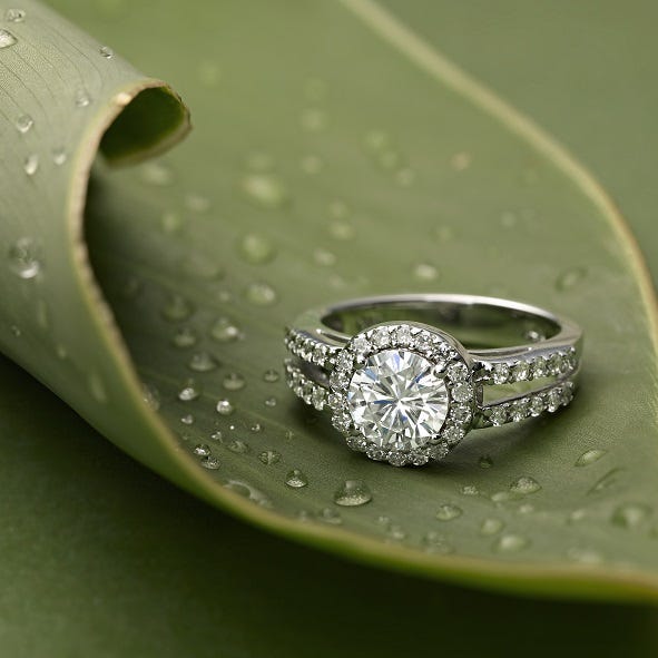 The lovely Hesper ring, available on Moissanite.com, looks gorgeous in a green setting