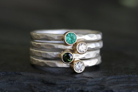 Gemstone Mixed Metals Stacking Rings: Green Tourmaline, Moissanite, & Emerald, Andrea Bonelli Jewelry, from $108