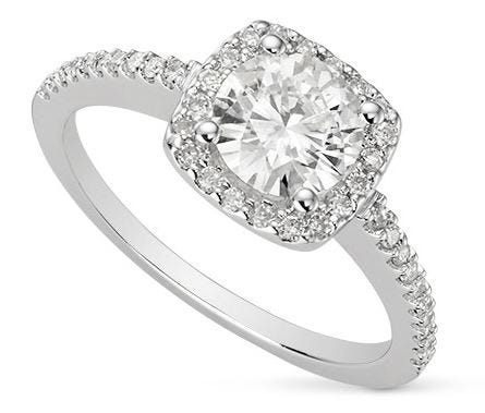 The Clarette halo ring, available at Moissanite.com, can be set with a Forever One™ center stone