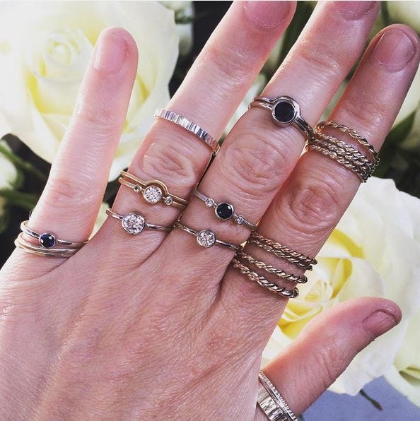 Ring stacks are #instagood! This shot comes from @LichenandLychee and features moissanite, plain metal, sapphire, and diamond rings