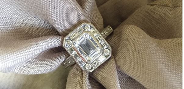 Emerald Halo Engagement Ring, DeBebians, $2,655 with Forever Brilliant® Moissanite. Photo via Instagram