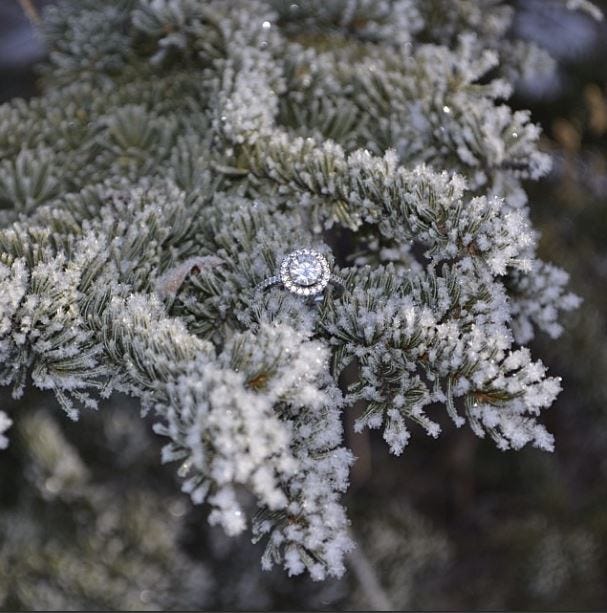 A moissanite ring set against a wintry backdrop. This picture was shared with us by a MoissaniteBridal.com customer 